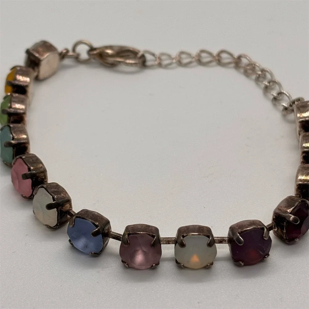 Multicolor Pastel Rhinestone Tennis Link Bracelet Silver‎ Tone 6.5 +
